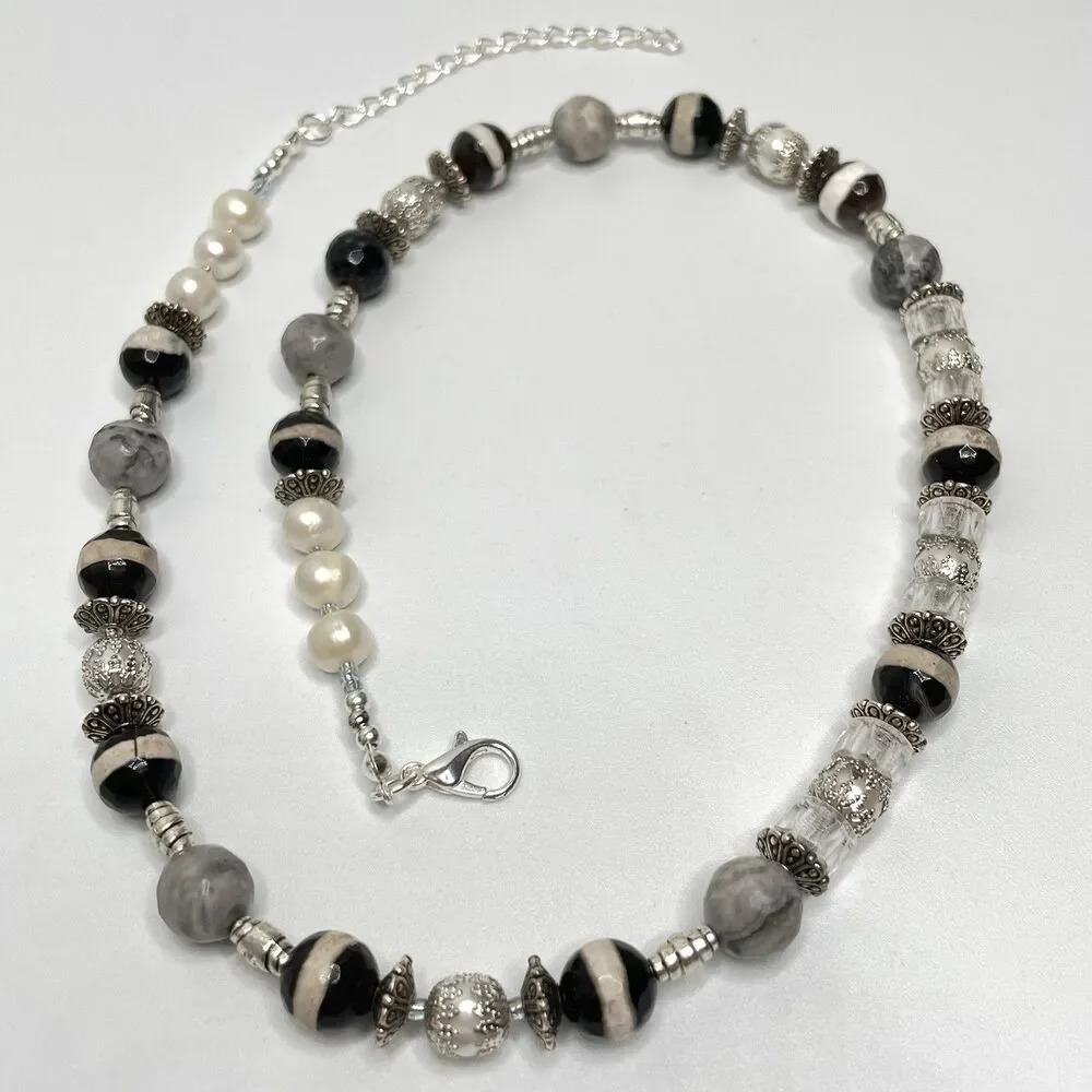 Stunning Agate Picasso Jasper Freshwater Pearl Beaded Necklace Silver Plated